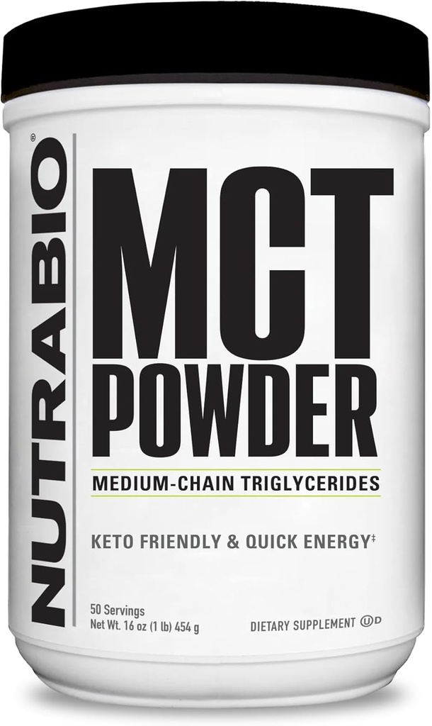 NutraBio MCT Poudre, Triglycérides à chaîne moyenne, gain de poids maigre, Keto Friendly, 1 lb. Poudre - 50 portions