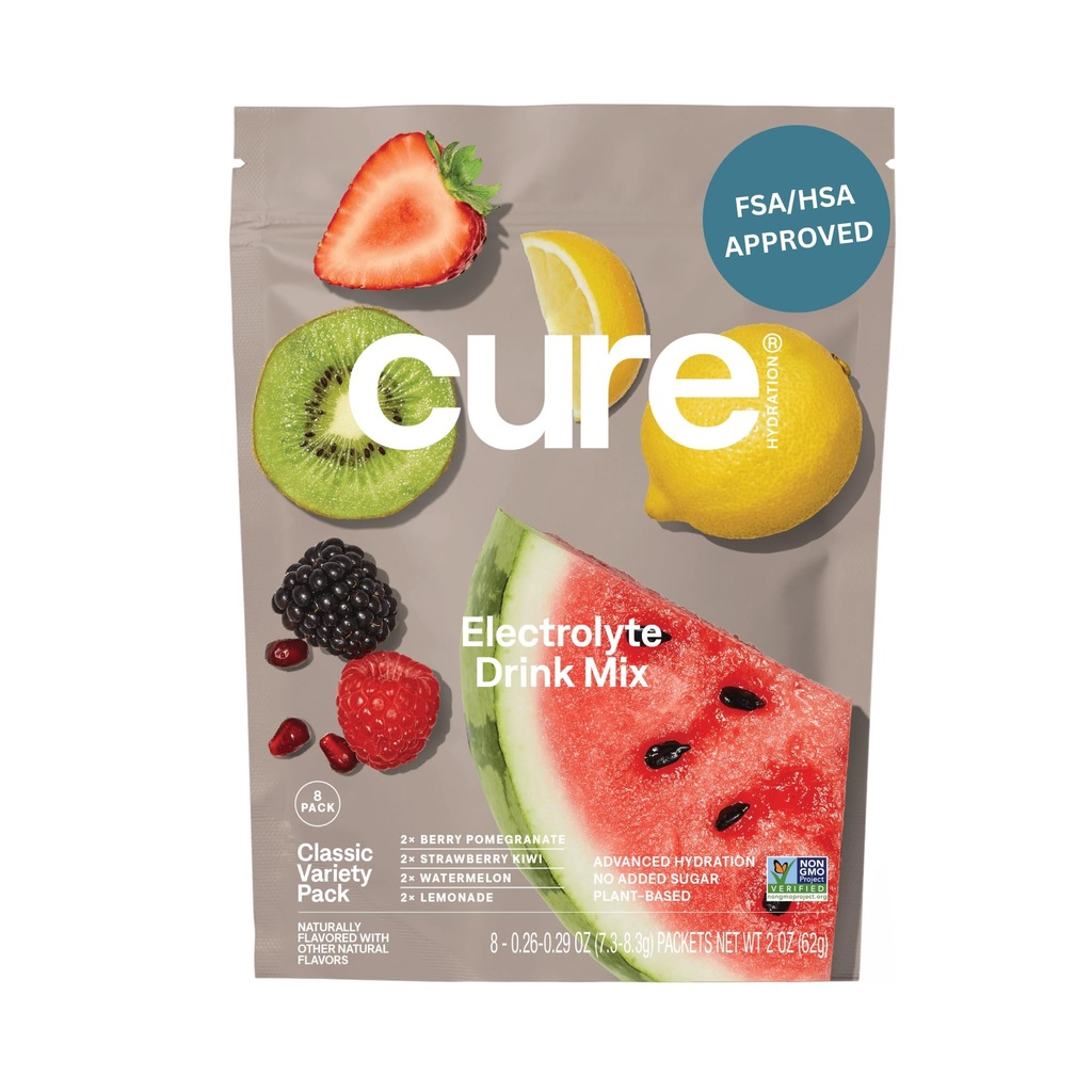Cure Hydration | Pflanzenbasierte Elektrolyt-Getränk-Mix | Kein hinzugefügter Zucker | FSA-HSA | Entwässerungs-Relief-Pulver hergestellt mit Kokoswasser | Non-GMO | Vegan | 8 Packungen - Vielfalt Pack