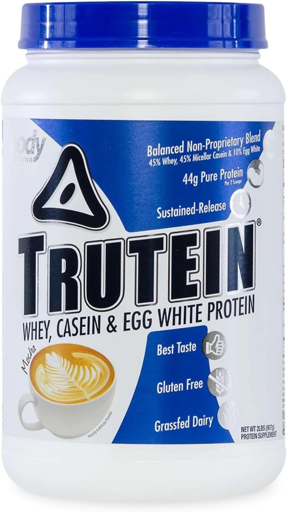 Polvere di proteina alta della Trutein del corpo: 45% Whey, 45% Casein, 10% bianco dell'uovo, senza glutine, basso sodio, polvere di proteine del siero dell'erba, supplemento di palestra & Shake di colazione, Mocha, 2lb