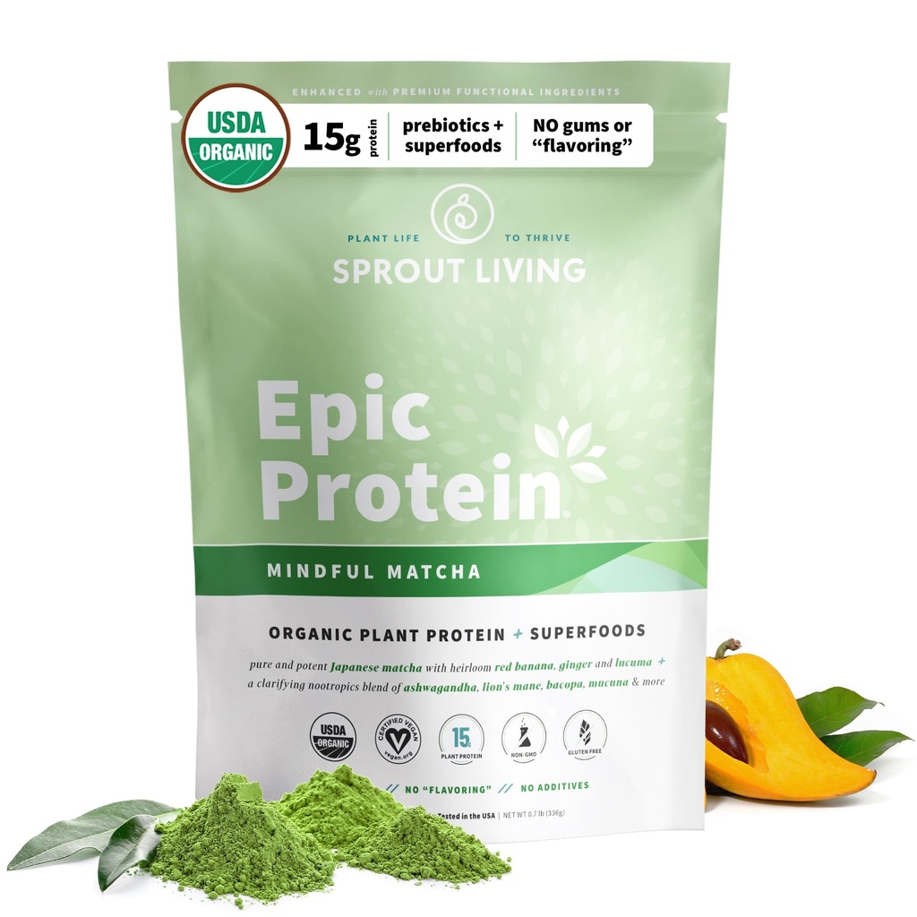 Sprout Living Epic Protein, Plant Based Protein & Superfoods Powder, Mindful Matcha | 17 Grams Organic Protein Powder, Vegan, Non-GMO, Glutenfrei, Adaptogene + Nootropics (1 Pfund, 12 Portionen)