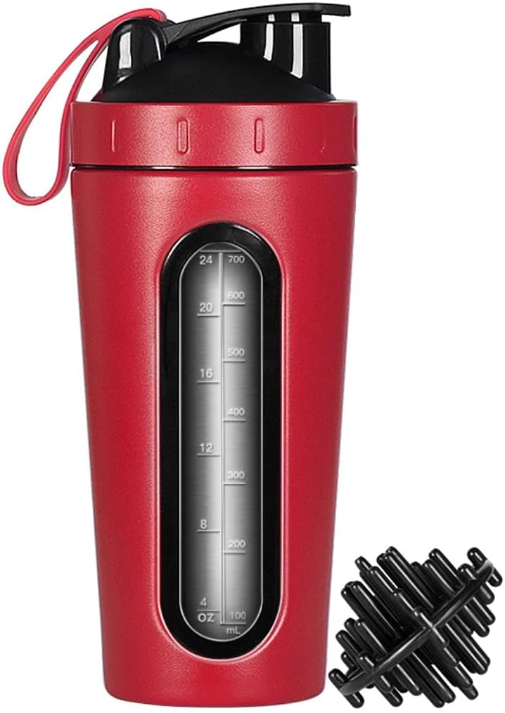 Protein Shaker Bottle, Edelstahl Shaker Cup, Sport Mixer Wasserflasche, Sichtbares Fenster, Leak Proof, No BPA mit Mixing Ball für Fitness Training, 28 Unze, Rot
