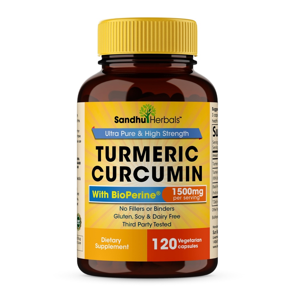 Sandhu Kräuter Organische Kurkuma Curcumin 120 Kapseln mit Bioperine Schwarz Pfeffer Extrakt Ergänzung | 1500mg mit 95% Curcuminoide | Immununterstützung