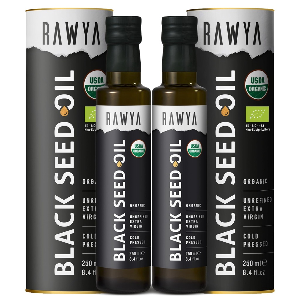 RAWYA Black Seed Oil - Organic Cold Pressed Nigella Sativa - Turkish Origin - USDA Organic - Natural Supplement - Black Cumin Seed Oil - Rich Flavor & High Concentration - 250ml Glass Bottle - 2 Pack
