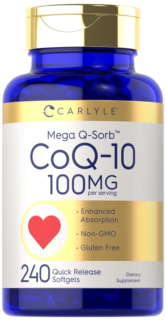 Carlyle CoQ10 100mg | 240 Softgels | Mega Q-Sorb Coenzym Q-10 | mit schwarzem Pfeffer Extrakt | Non-GMO, Glutenfreie Ergänzung