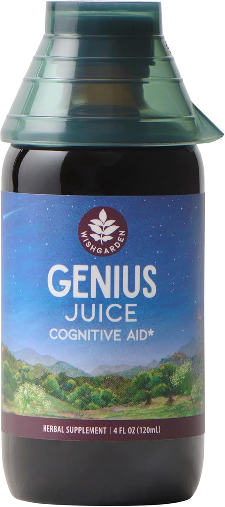 WishJarden Herbs Genius Juice - Supplément de booster de cerveau nootrope à base de plantes liquides pour focalisation, clarté, concentration et énergie avec Ginkgo Biloba & Gotu Kola, soutien cognitif, pas de caféine, 4oz