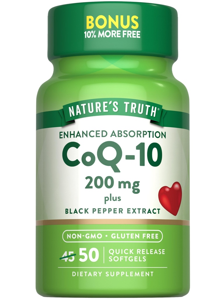 Nature's Truth CoQ10 200mg Softgels | 50 Count | Enhanced Absorption Supplement | Plus Black Pepper Extract | Non-GMO, Gluten Free