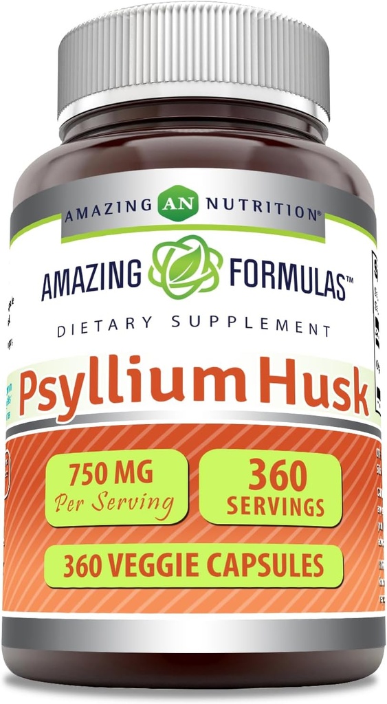 Formules étonnantes Psyllium Husk 750mg Veggie Capsules Suppléments : Non-GMO , Sans gluten , Fabriqué aux États-Unis , Convient aux végétariens (360 Nombre)