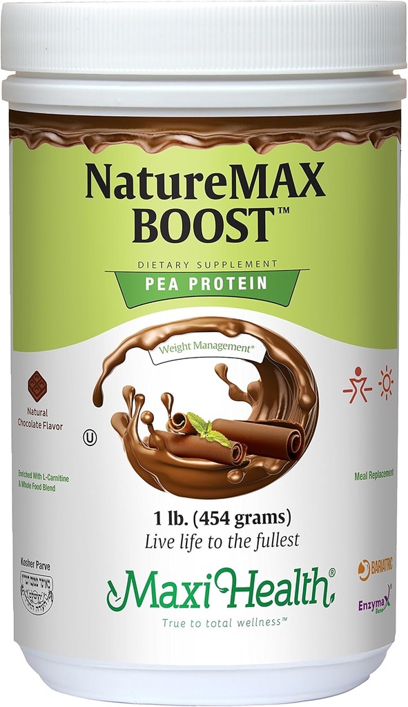 NatureMax BoostTM Pea Protein Powder - Ricambio Integratore Energetico - 20g Protein Per Serving - Natural Chocolate Flavor - Kosher Vitamin - 1lb.