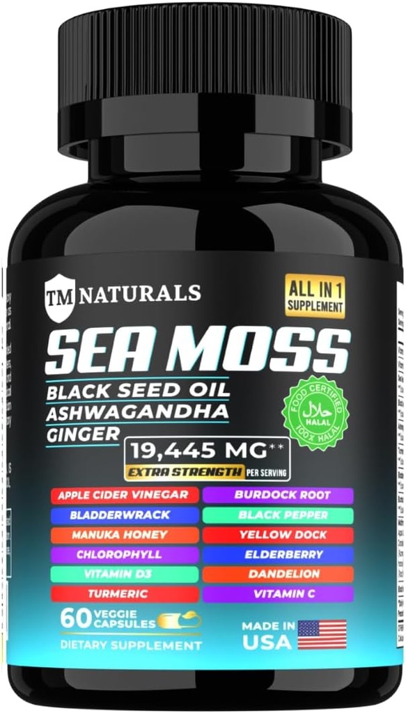 Sea Moss mit schwarzem Samenöl, Vitamin C, Ashwagandha und Turmeric für Immununterstützung & Energie - 60 Vegan Kapseln + Kostenlose Pillen Box
