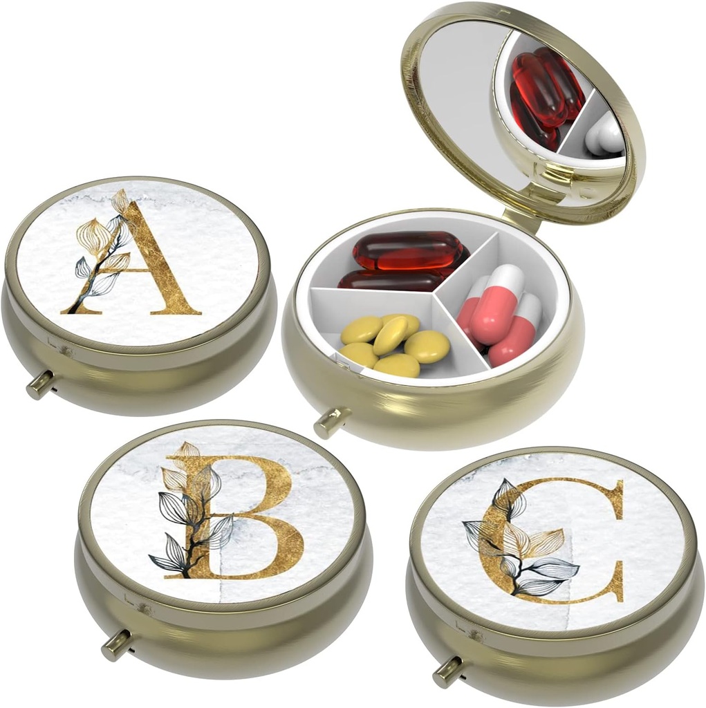 Small Pill Box,Pill Case for Purse&Pocket,3 scomparti Travel Pill Case Medication Organizer Storage for Vitamins, Pills, Fish Oil and orecchini, Studs,Bronze-3Round(ABC)