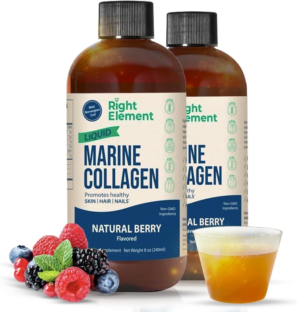Liquid Marine Collagen | Wild Caught Cod - Peptide di Cheratina idrolizzata, Acido Ialuronico & Biotina - Capelli sani, Pelle & Nails - Made in USA - Natural Berry, 8.00 Fl Oz (2-Pack)