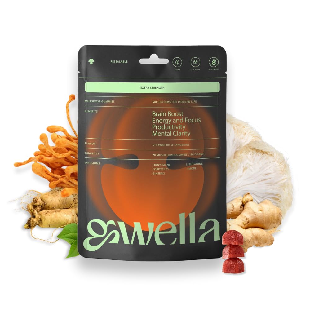 Gwella Focus Gummis mit Lion’s Mane, Panax Ginseng, Ginger Root, Cordyceps, SAM-e und Nootropics, Energy and Focus Supplement, Vegan, Strawberry Tangerine (20 Count - Pack of 1)