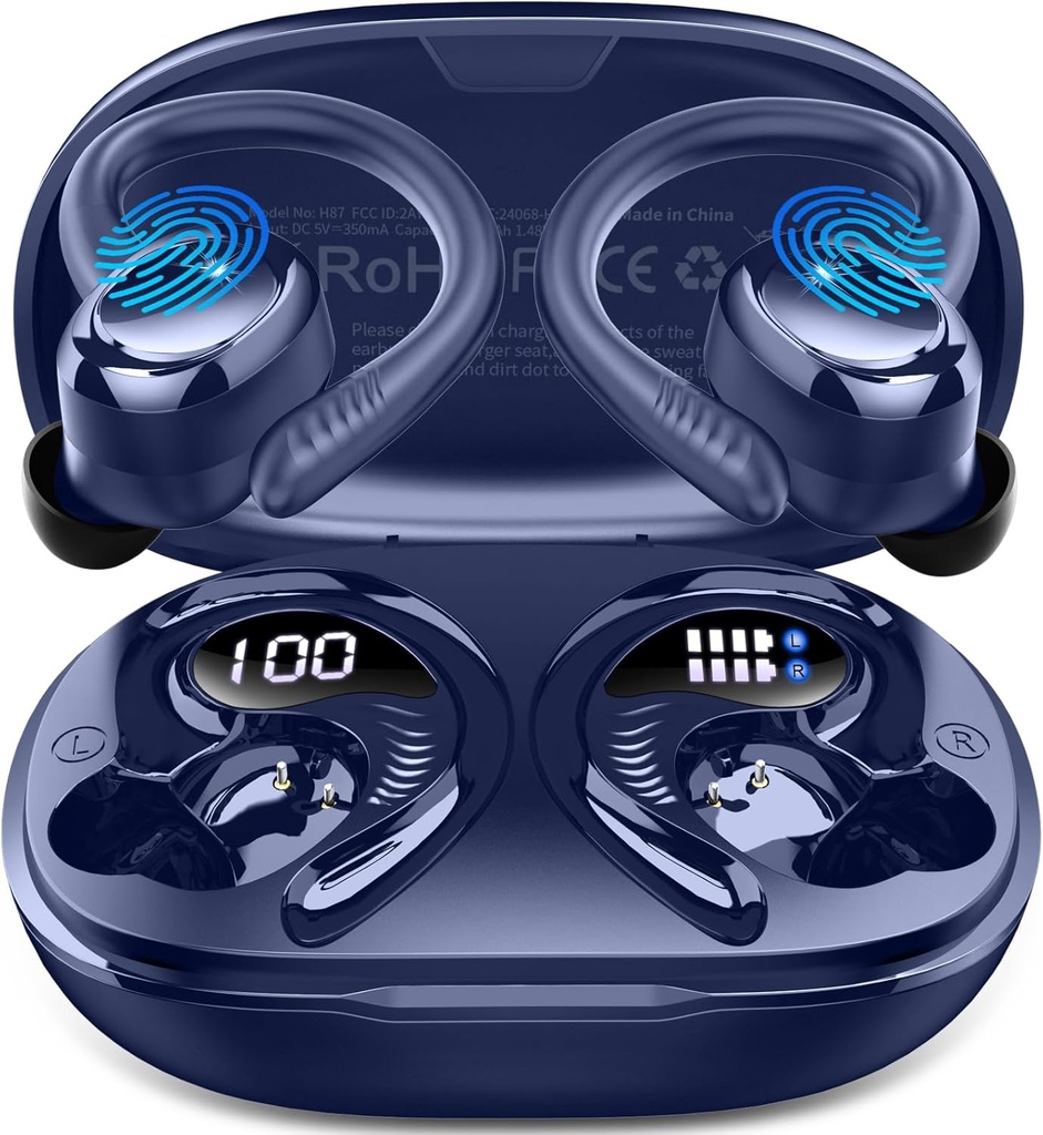 Wireless Earbuds Sport, 2025 Bluetooth 5.4 Kopfhörer mit Earhooks, 50H Stereo Deep Bass Over Ear Buds mit 4 ENC Noise Canceling Mics, IP7 Wasserdichte Kopfhörer für Lauftraining Gym - Blau