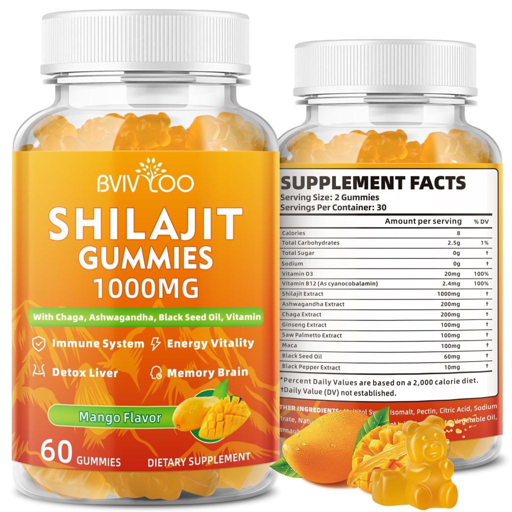 Shilajit Gummies 1000mg Sugar Free - Shilajit Supplemento per Uomo e Donne - Alta in 85+ Minerali Trace & Acido Fulvico - Energia, Cervello, Immunità - 60 Gummies