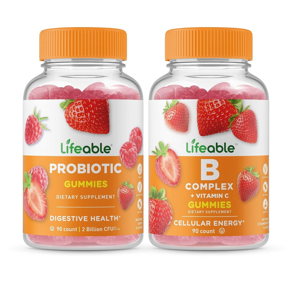 Lifeable Probiotic 2 Billion CFU + B Complex, Gummies Bundle - Große Verkostung, Vitamin-Ergänzung, Glutenfrei, GMO frei, Kaugummi