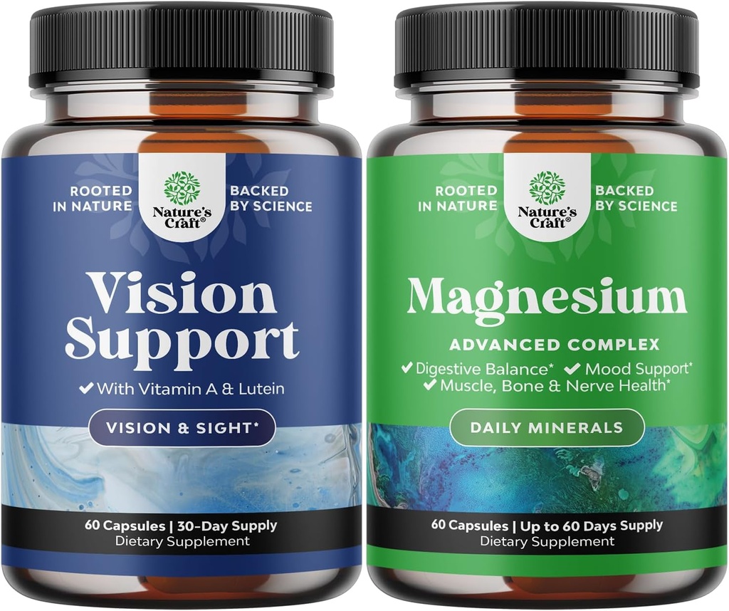 Bundle der vollständigen Eye Health Supplement für Erwachsene für Vision Dry Eyes Druck und blauen Lichtschutz und hohe Absorption Magnesium Complex Supplement für Schlafstörungen Verdauung und Stimmungsunterstützung