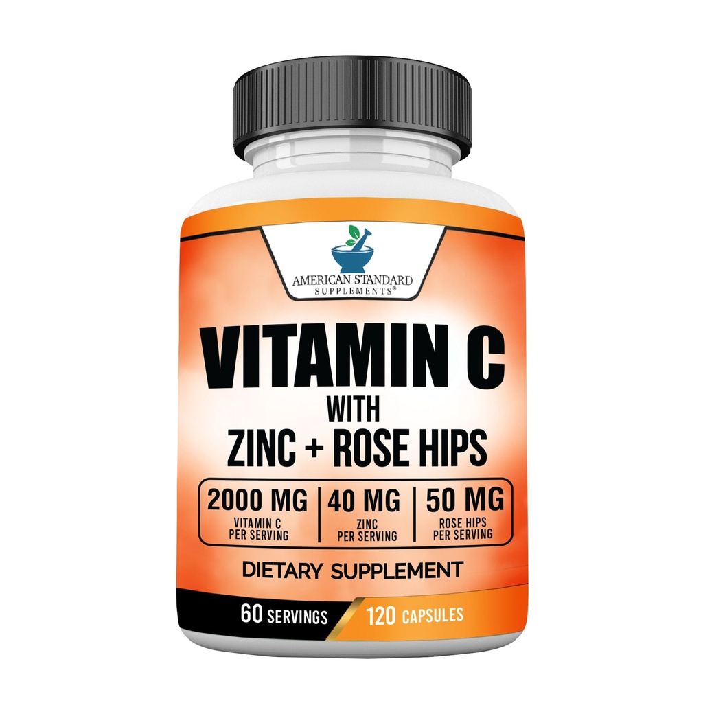 Integratori Standard Americani Vitamina C 2000mg, Zinc 40mg, e Rose Hips 50mg Per Serving, Vegan, Gluten Free, Non-GMO (120 Count)