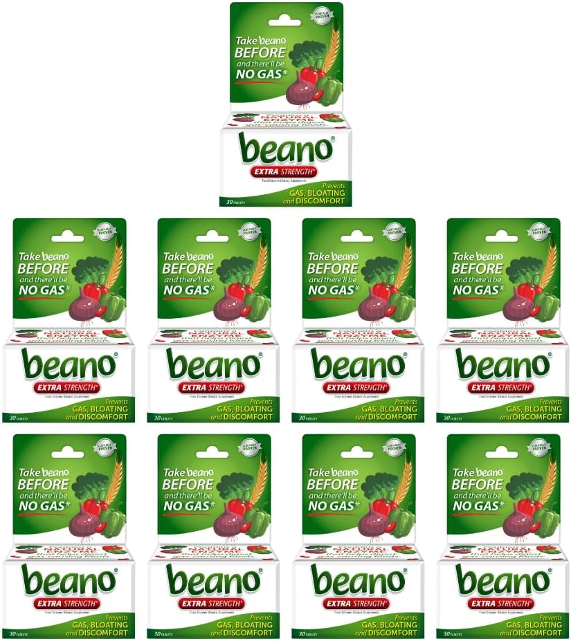 Beano Extra Strength, Verdauungsenzym-Ergänzung, Verhindert Gas, Bloating und Discomfort (Packaging May Vary) 30 Count Jeder (Pack von 9)