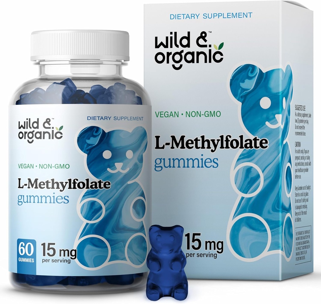 Wild & Organic L-Methylfolate 15mg Gummi - Mood & Brain Support - Folate 5-MTHF Supplement für Gehirn, Fokus, Klarheit - Folate Supplement w/Vitamin B9-60 Non-GMO L Methylfolate Gummis
