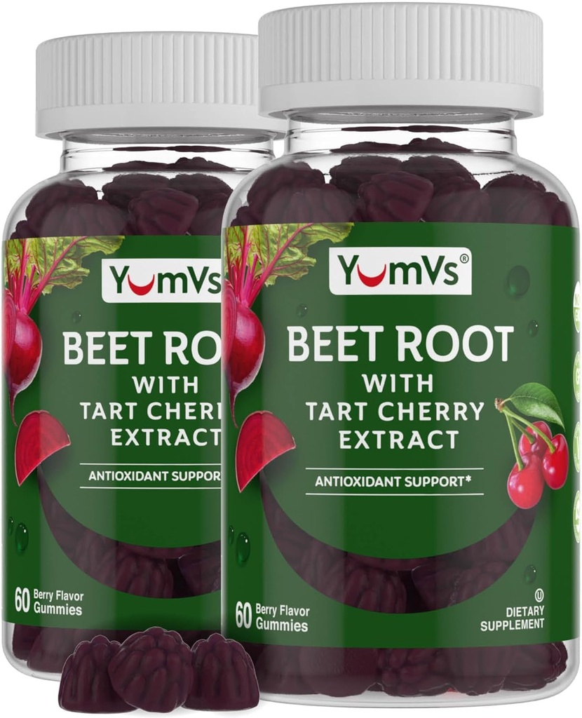 Gommies de racines de betteraves de YUM-V avec extrait de cerise de tart - Gommies de betteraves à saveur de baies - Mâches de betteraves pour la circulation du sang et le soutien antioxydant - Gommies de betteraves rouges Compte de baies 60 (paquet de 2)