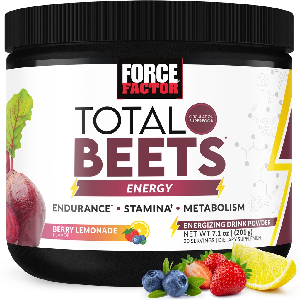 FACTEUR DE FORCE Poudre de racine de betterave totale avec énergie, nitrates NO3-T® pour soutenir la circulation, la pression artérielle, le flux sanguin et l'extrait de thé vert Stamina - Plus. Un supplément super-alimentaire, 30 portions