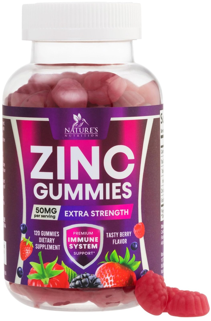Zinc Gummies 50mg - Bone Skin & Immune Support Health Gummy & Premium Antiossidante Chewable for Adults - Alto assorbimento Vegan, Gluten Free Zinc Supplements Vitamin - Tasty Berry Flavor - 120 Gummies