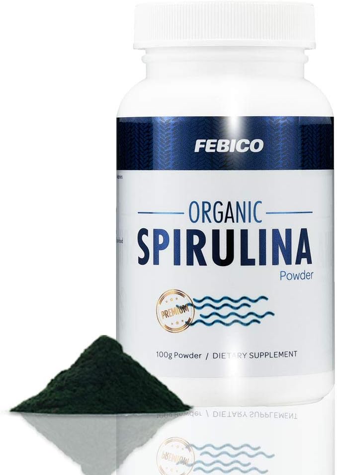 Poudre de Spiruline Bio Premium Vegan, Complexe Vitamine B12 enrichie, Phycocyanine, Energy Boost, Non-OGM, Sans gluten et non irradié, USDA, Naturland, Halal Certified-100g