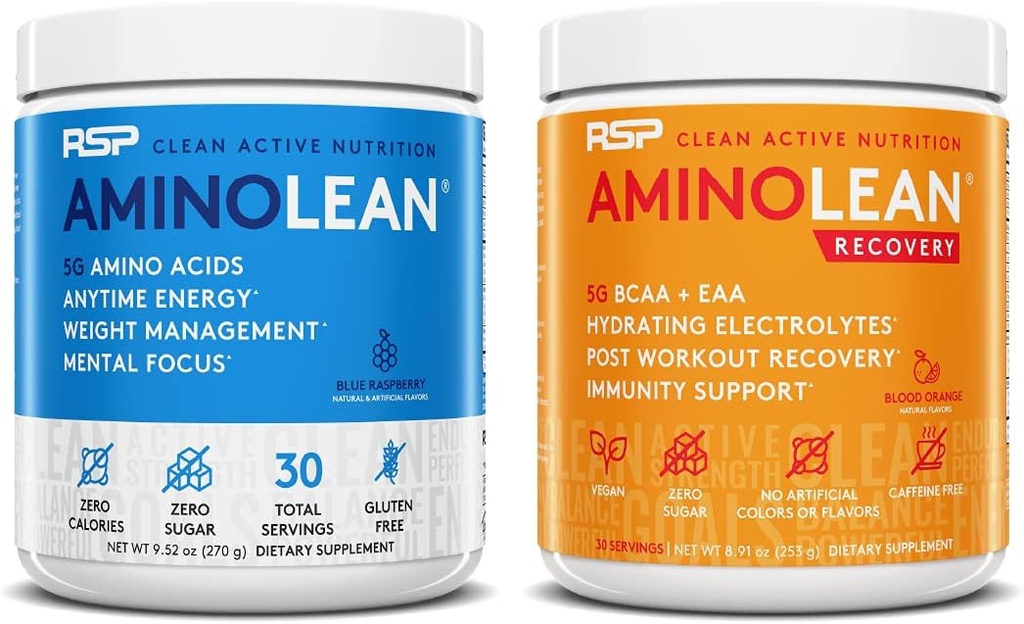RSP NUTRITION AminoLean Énergie de préentraînement (Blue Raspberry 30 portions) avec AminoLean Recovery Post Workout Boost (Blood Orange 30 portions)