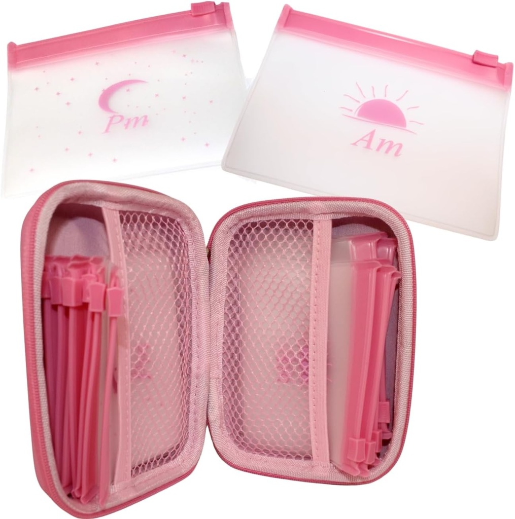 Pink Day and Night Pill Wallet w/Zipper, PU Leder Pille Case 5.5 X 4 x1.75 Zoll, Includes14 AM Pill Organizer 7 Day Small Pill Bags von 3x4 Zoll, Pill Pouches for Medicine oder Supplements