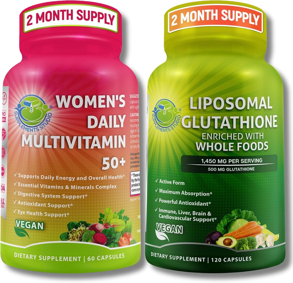 SUPPLEMENTARI STUDIO Antiossidante, Bundle di supporto cellulare e immunitario - Multivitaminico femminile giornaliero 50+ con Superfood organici + Glutathione Liposomal 500mg - Vegan, Non OGM, Etichetta pulita