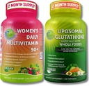 SUPPLEMENTARI STUDIO Antiossidante, Bundle di supporto cellulare e immunitario - Multivitaminico femminile giornaliero 50+ con Superfood organici + Glutathione Liposomal 500mg - Vegan, Non OGM, Etichetta pulita