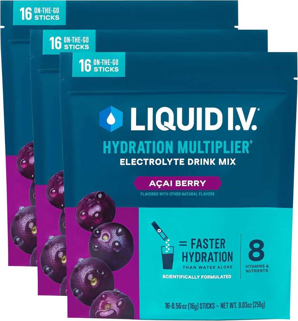 Liquido I.V.® Hydration Multiplier - Acai Berry | Miscelatore per bevande a polvere elettrolita | 3 Pack (48 Serve)