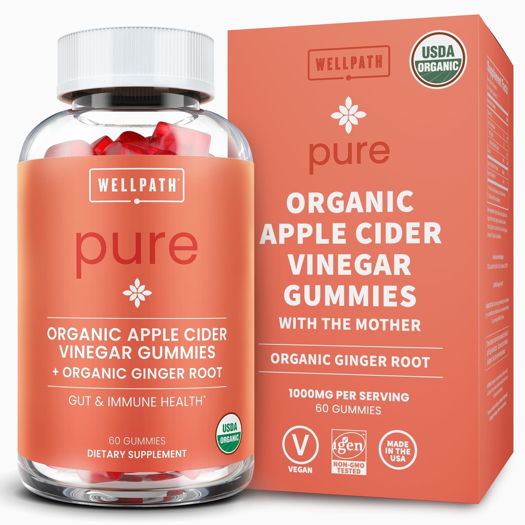 Bene. Gummies di Aceto di Sidro di Mele Organico con la madre - USDA Organic ACV Gummies - Aceto di sidro di Ginger & Apple con Madre per la salute del fegato - Vegan, Non-GMO, 60 Ct