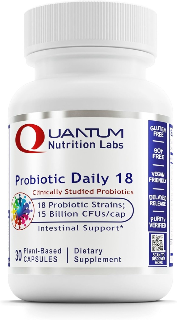 Quantum Nutrition Labs Probiotic Daily 18 - Probiotics for Digestive Health, Probiotics for Women and Men with Lactobacillus Acidophilus, Reuteri for Healthy Gut Microbiome - 30 Vegetarische Kapseln