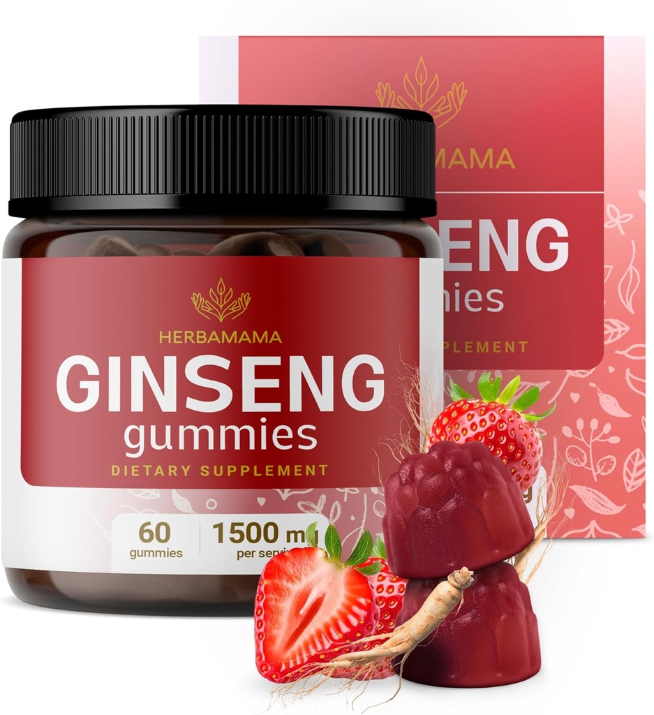 HERBAMAMA Panax Ginseng Gummies - 1500mg Korean Red Ginseng Root for Energy Support - Vegan, Non OGM Red Panax Immune Support Supplement - 60 Pectin-Based Strawberry-Flavored Chews
