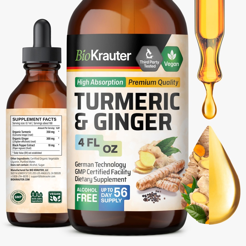BIO KRAUTER® Turmeric and Ginger Supplement - Pure Vegan Liquid Turmeric & Ginger Tincture mit Pfeffer 4 Fl.Oz 56 Liefertage - Curcumin Drops für Gelenkunterstützung, Antioxidans & Immununterstützung