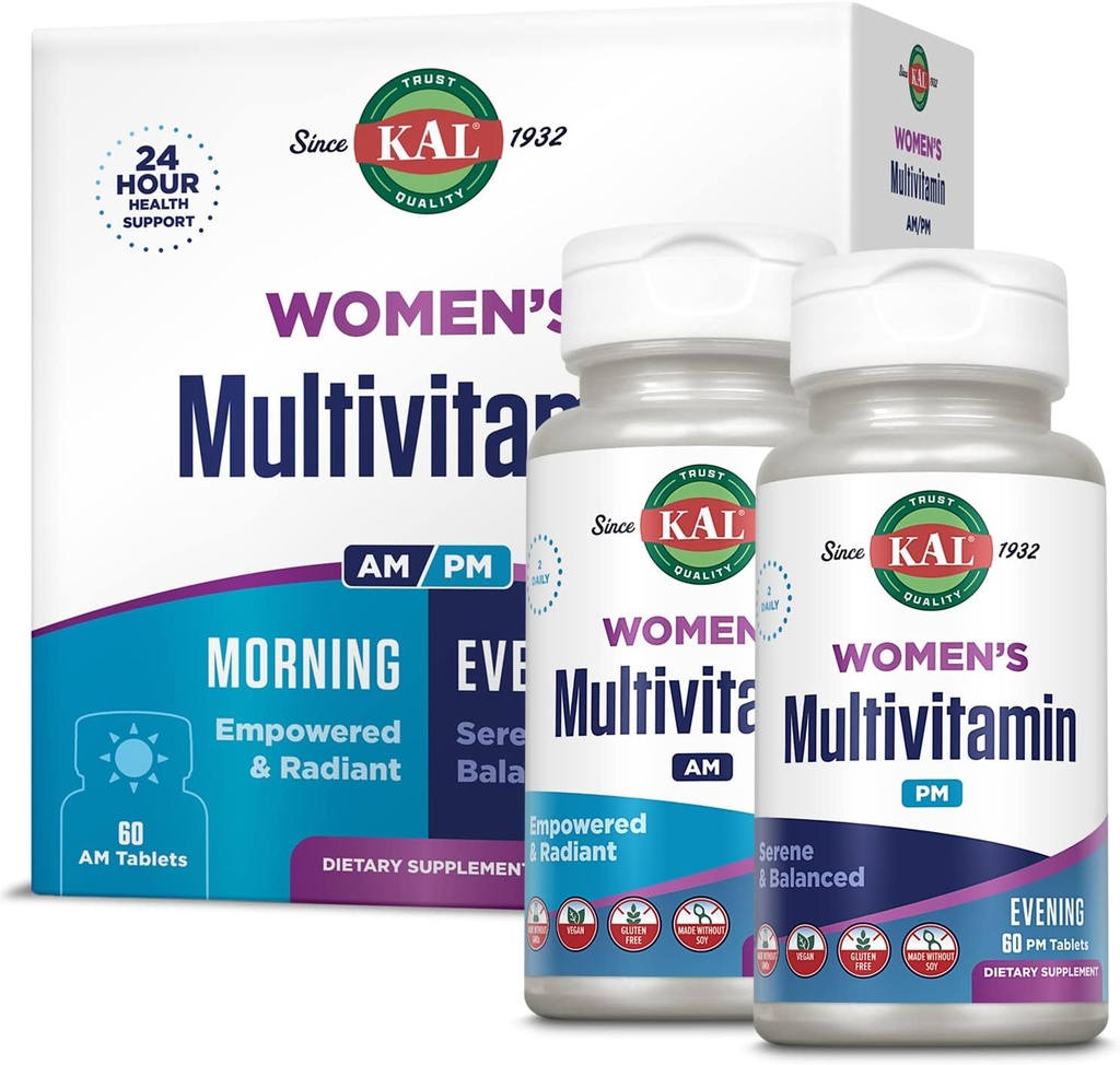 KAL Women's Multivitamin AM/PM, 2-in-1 Multivitamine für Frauen mit Ashwagandha, Silica, Bio Spirulina und GABA für Cellular Energy, Knochenstärke, Immununterstützung, Vegan, 30 Servietten, 120 Tabletten