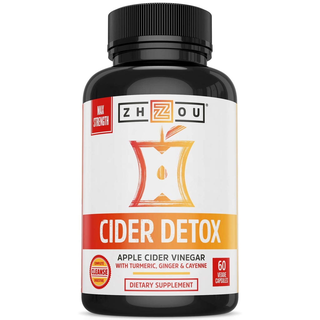 Zhou Cider Detox - Capsule Aceto di Sidro di Mele con Madre, Pillole ACV naturali crude per le donne e gli uomini, Integratore Complesso di erbe con Pepe Turmerico & Cayenne - 60 Capsule Vegan