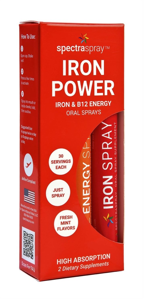 SpectraSpray Iron & B12 Kit de spray oral liquide à la vitamine - Le fer de qualité alimentaire comme minéral quotidien essentiel et B12. Vegan, sans gluten et très efficace, 30 jours d'approvisionnement par spray