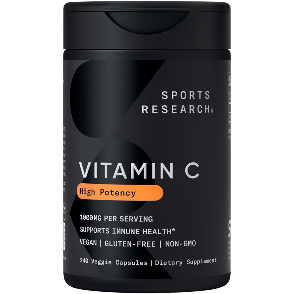 Integratore di vitamina C ad alta potenza per la ricerca sportiva - Capsule vegetali vegani per l'attività antiossidante e il supporto immunitario - Non OGM Verified & Gluten Free - Acido ascorbico Vitamina C 1000mg, 240 Count