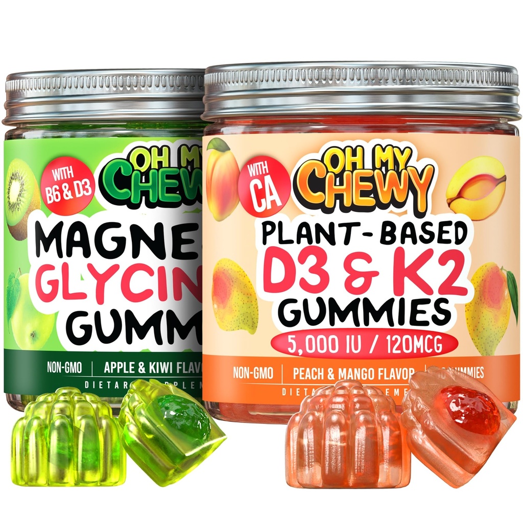 OH MY CHEWY Magnesium + D3K2 Gummies Bundle – 2 bottiglie (60 ciascuna) – Apple Kiwi & Peach Mango