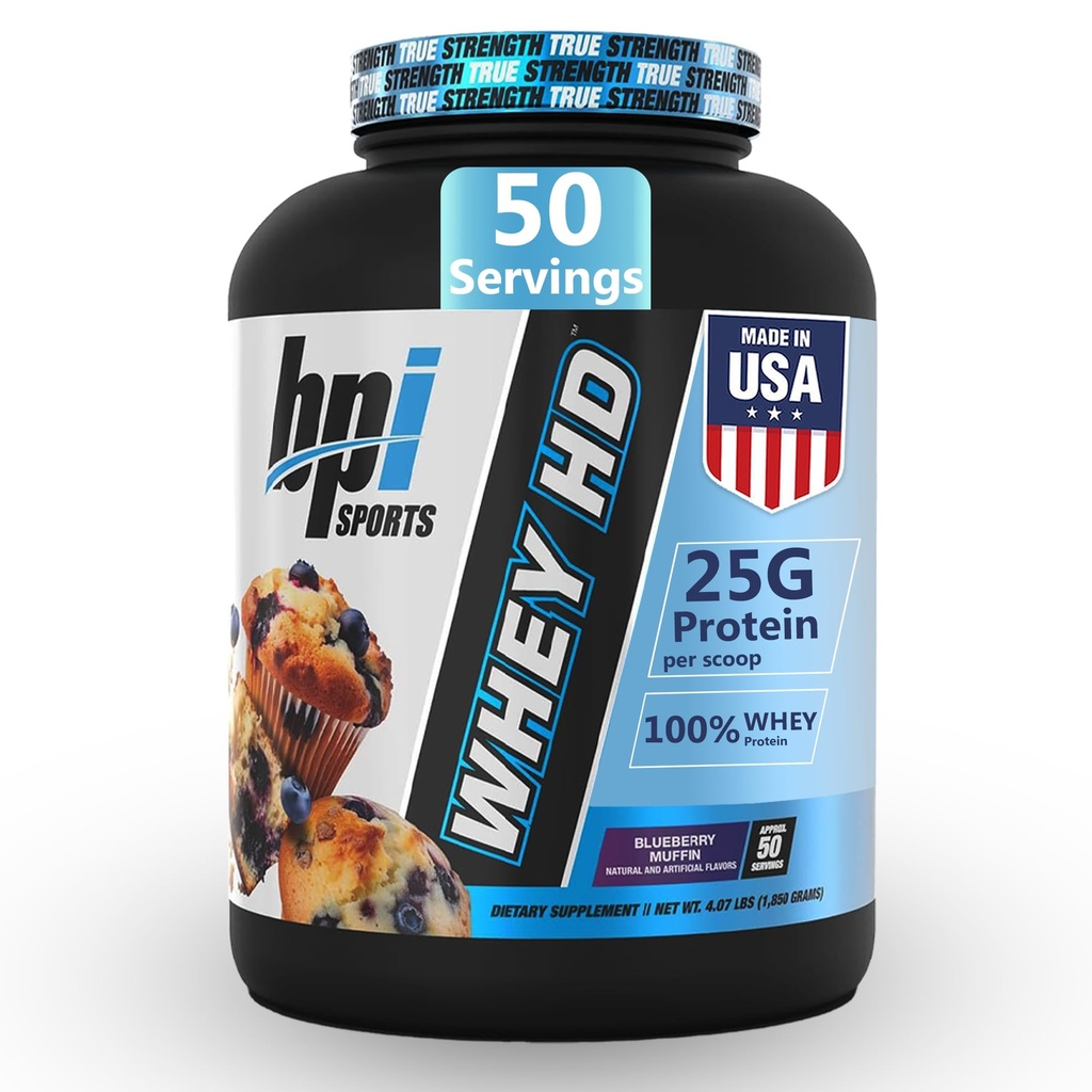 BPI Sports Whey HD Ultra Premium Protéines Poudre Isolée , Workout Whey Protéines Poudre pour les hommes et les femmes pour le gain musculaire , Lait Protéines Concentrés , Blueberry Muffin , 4.07 Livre