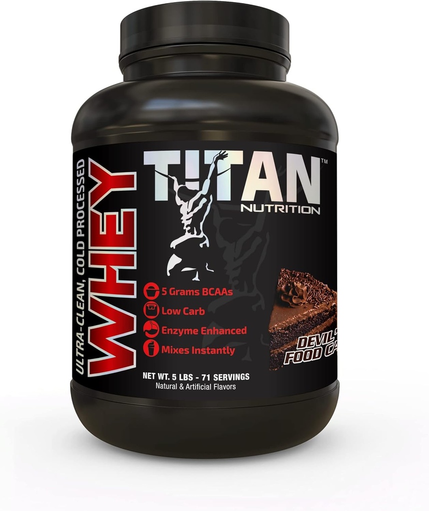 Titan Whey Protein Powder - Premium, veloce assorbimento Whey con 23g di proteine, BCAAs, enzimi digestivi per servire - Supporta la massa muscolare magra e la digestione ottimale - 5 Pounds, Devils Food Cake