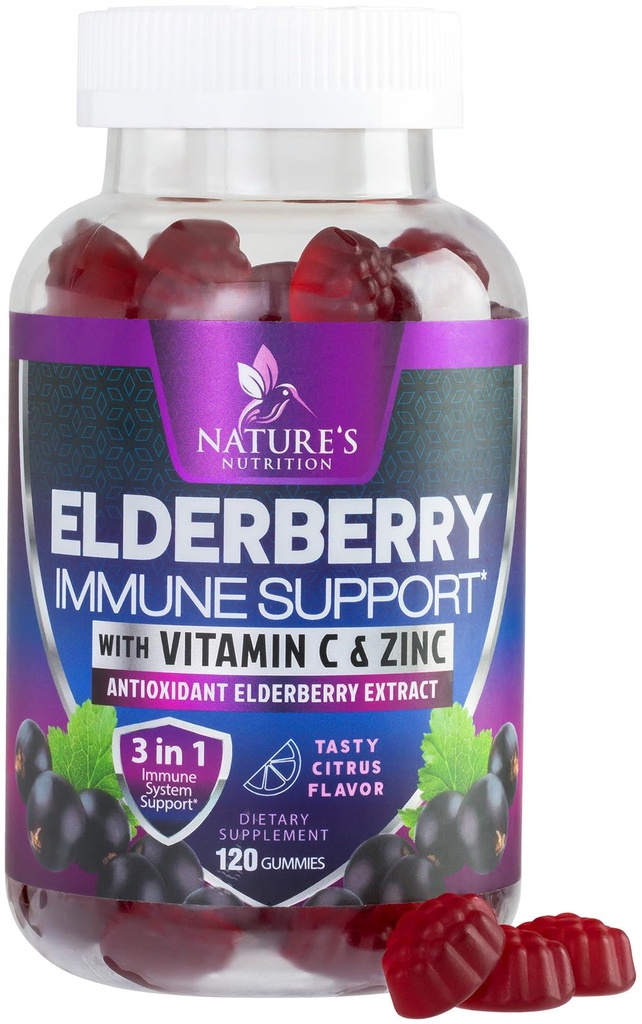 Immun Support Gummis mit Elderberry Extrakt - Sambucus Elderberry Gummy mit Zink & Vitamin C, Natürliche Vegan Immununterstützung Ergänzung für Erwachsene & Kinder, Gummy Elder Berry Vitamine - 120 Gummis