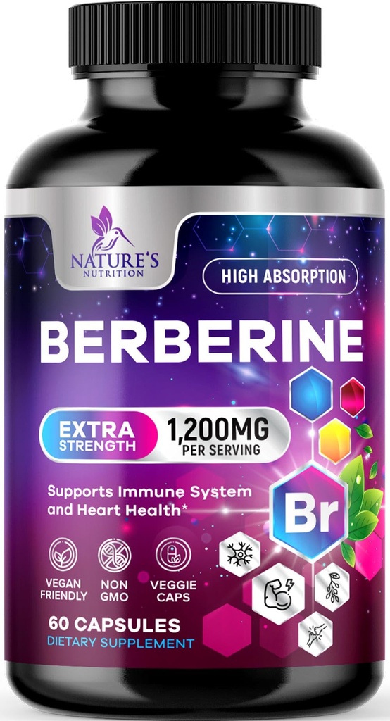 Berberina HCL 1200mg Supplemento - Berberina HCI Capsule Integratore ad alto assorbimento per la salute del cuore e il supporto immunitario, ad alta resistenza, senza glutine, Vegan, pillole non OGM - 60 capsule vegetali