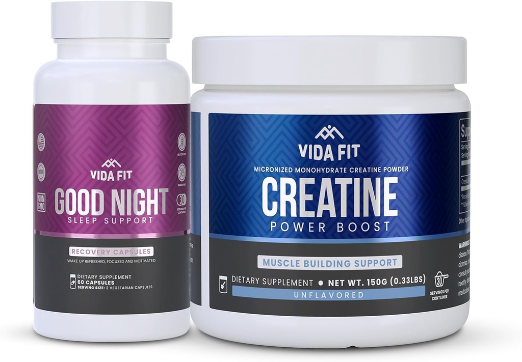 Gute Nacht natürliche Schlafhilfe (60 Kapseln) & Micronized Creatine Monohydrat Pulver (150g) Bundle – natürliche Schlafunterstützung mit Melatonin, Ashwagandha & L-Theanine, Plus reine Vegan Kreatin für Enhance