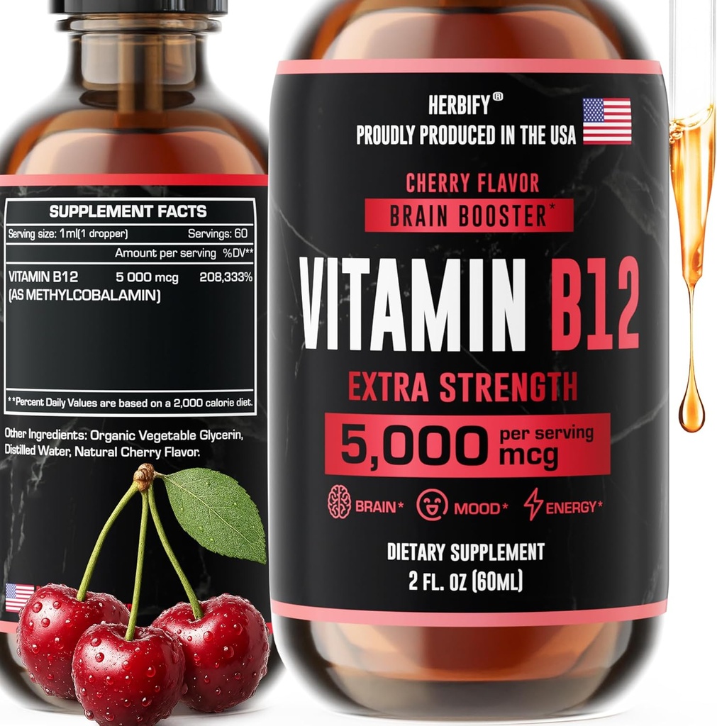 HERBIFY Vitamin B12 Methylated Multivitamin Energy Supplements for Women & Men - Liquid B12 Vitamins 5000 Mcg Methylcobalamin - Energy Support and Immune Health Liquid Vitamin 2 Oz
