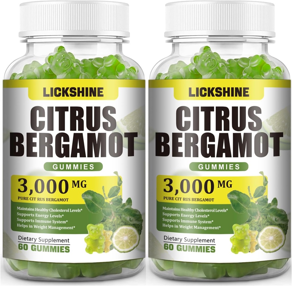 2 Pack 3000MG Citrus Bergamot Gummies - Citrus Bergamot Estratto di colesterolo Ridurre Supplemento per Supporto Immune Antiinvecchiamento, Alto colesterolo Lime Vegan senza zucchero Aroma 120 Ct
