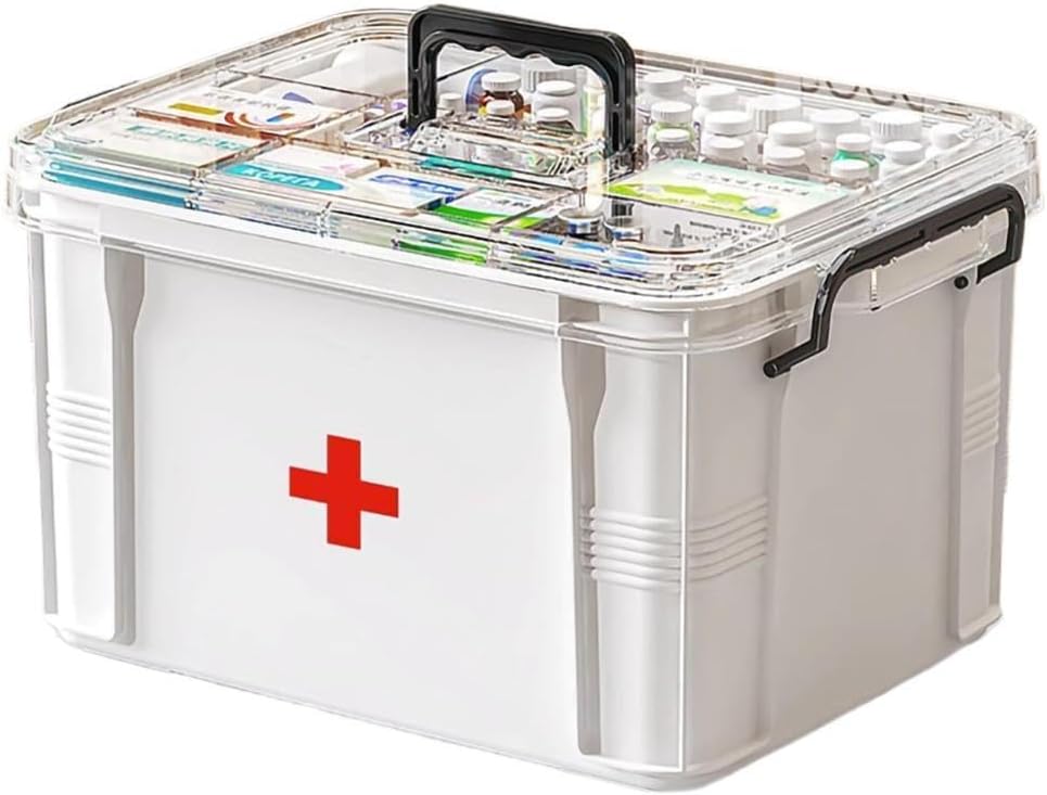 Medizinische Aufbewahrungsbox, Pill Bottle Organizer, Double Compartment, Transparent, Große Kapazität, Weiß