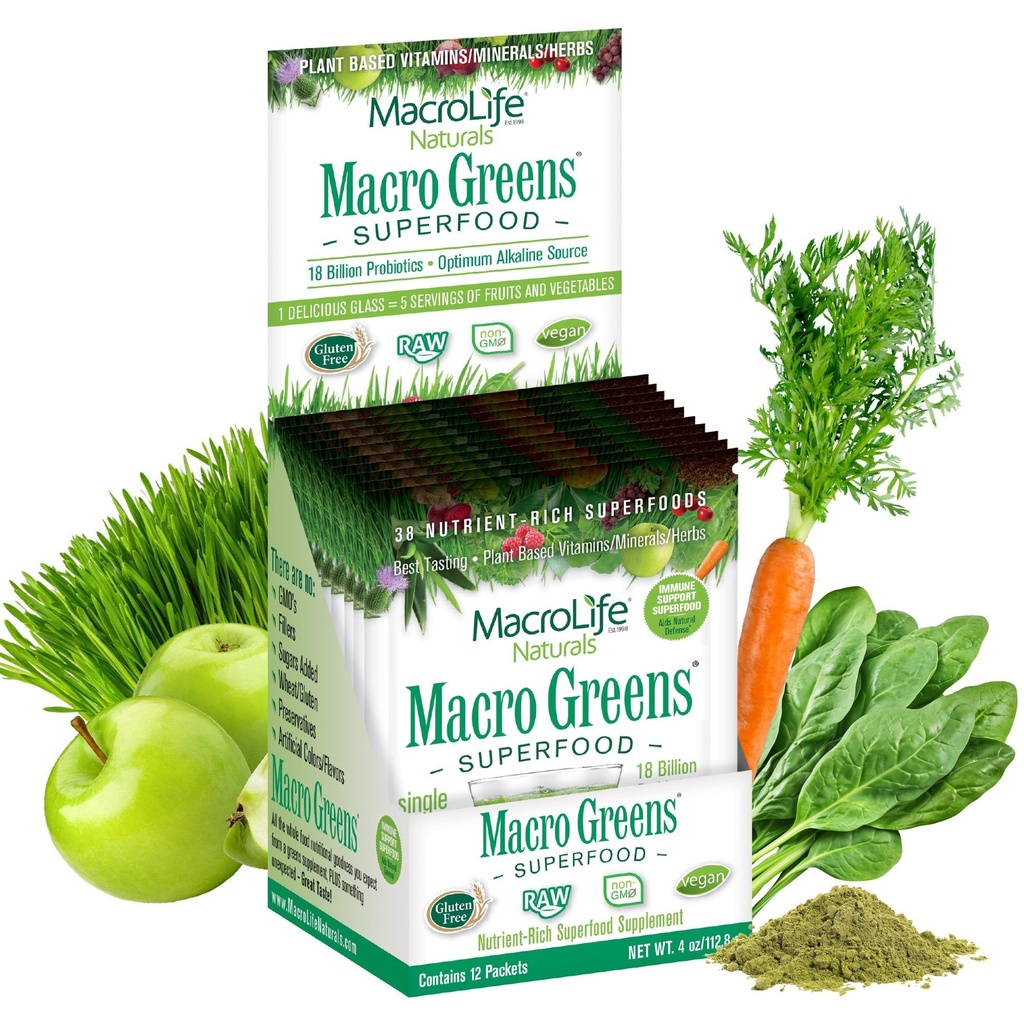 MacroLife Naturals Macro Greens Polvere 38 Superfood Probiotic Antiossidante Enzime & Herbal Supplement Immunity Energy Cleanse - Non-GMO Vegan senza glutine Dairy-Free (12 Serve)